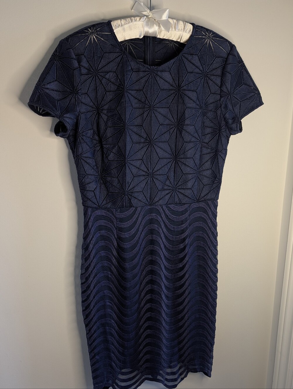 Reiss Navy Textured Short-Sleeve Midi Dress